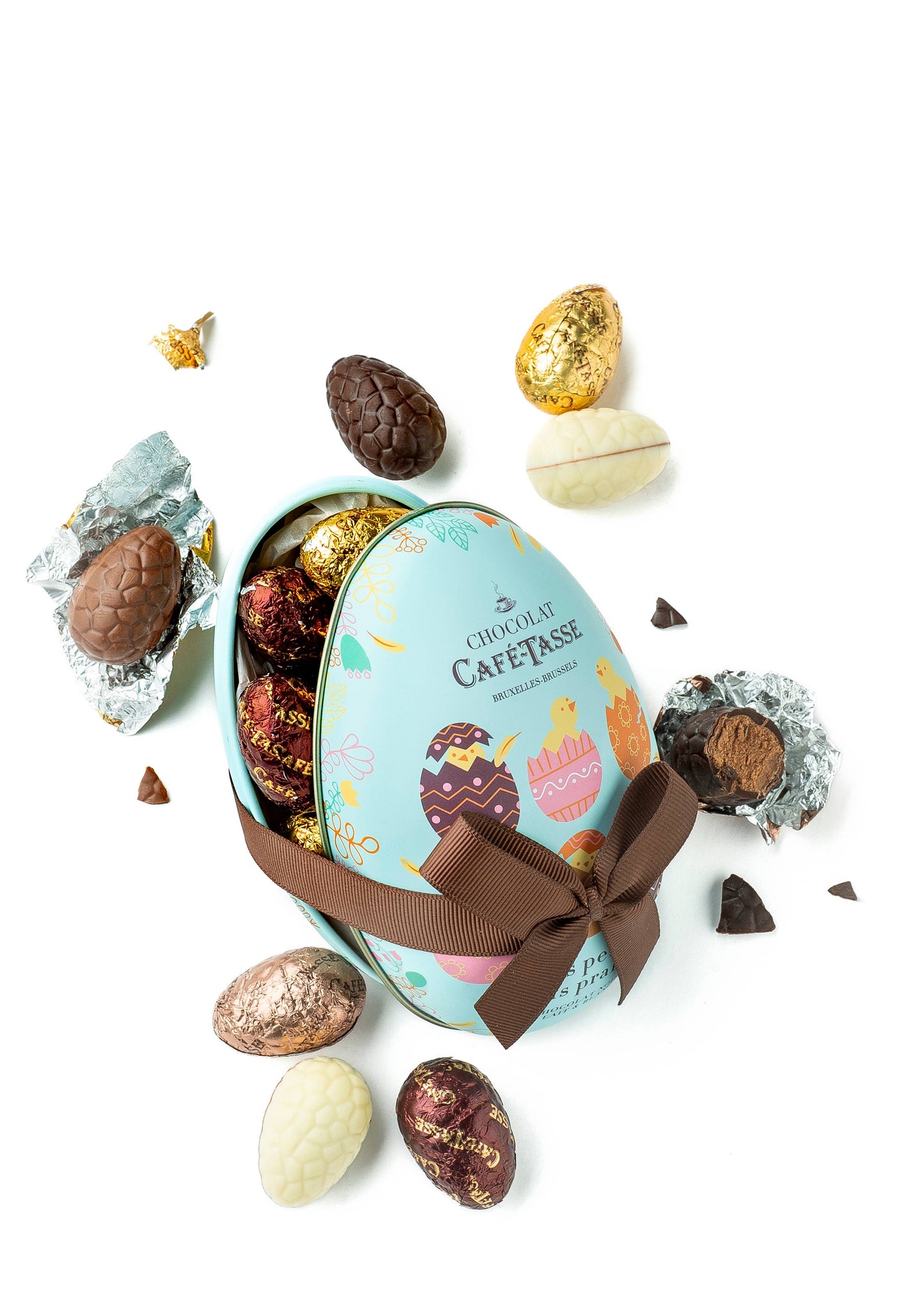 Café-Tasse - Metal egg, 12 assorted praline chocolate eggs